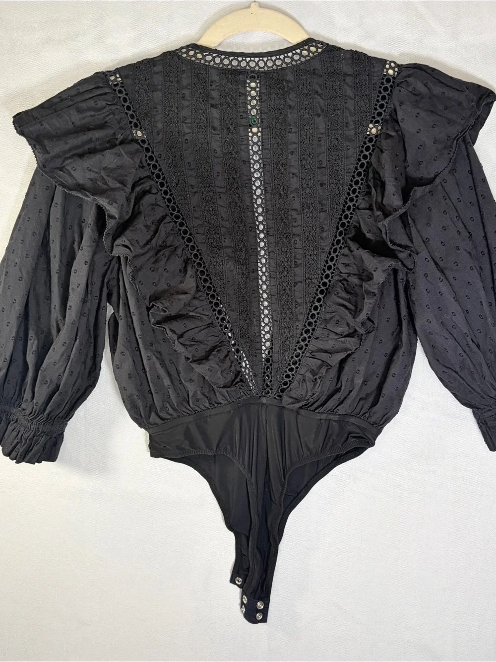 Farm Rip Blk Lace Eyelet Dot Ruffle Bodysuit Blouse Deep V Neck Puff Sleeve Sz